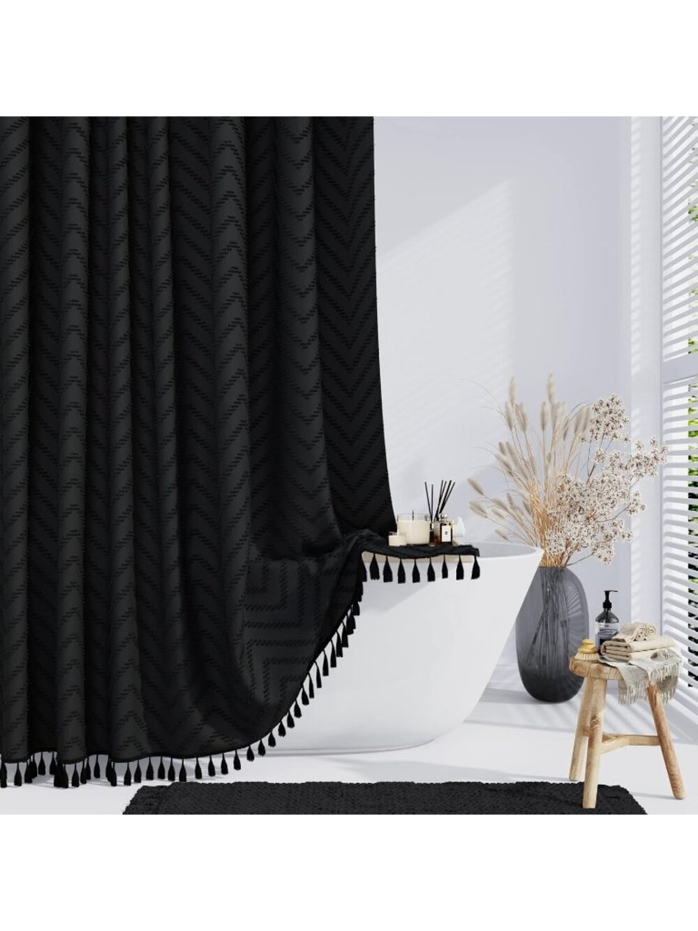New Boho Farmhouse Fabric Shower Curtain Tufted Chevron 72"x72" Black